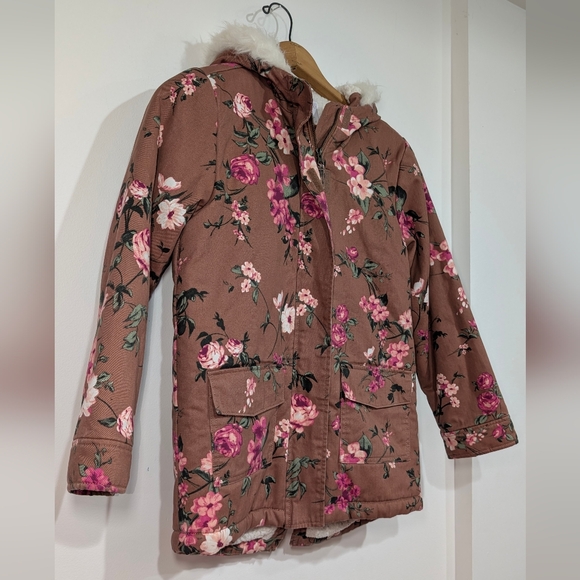 Childrens Place Girls XL14 Floral Brown Parka Jacket Faux Fur Hood Sherpa Lined - Picture 3 of 9